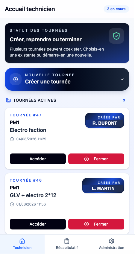 Application terrain : tournées actives
